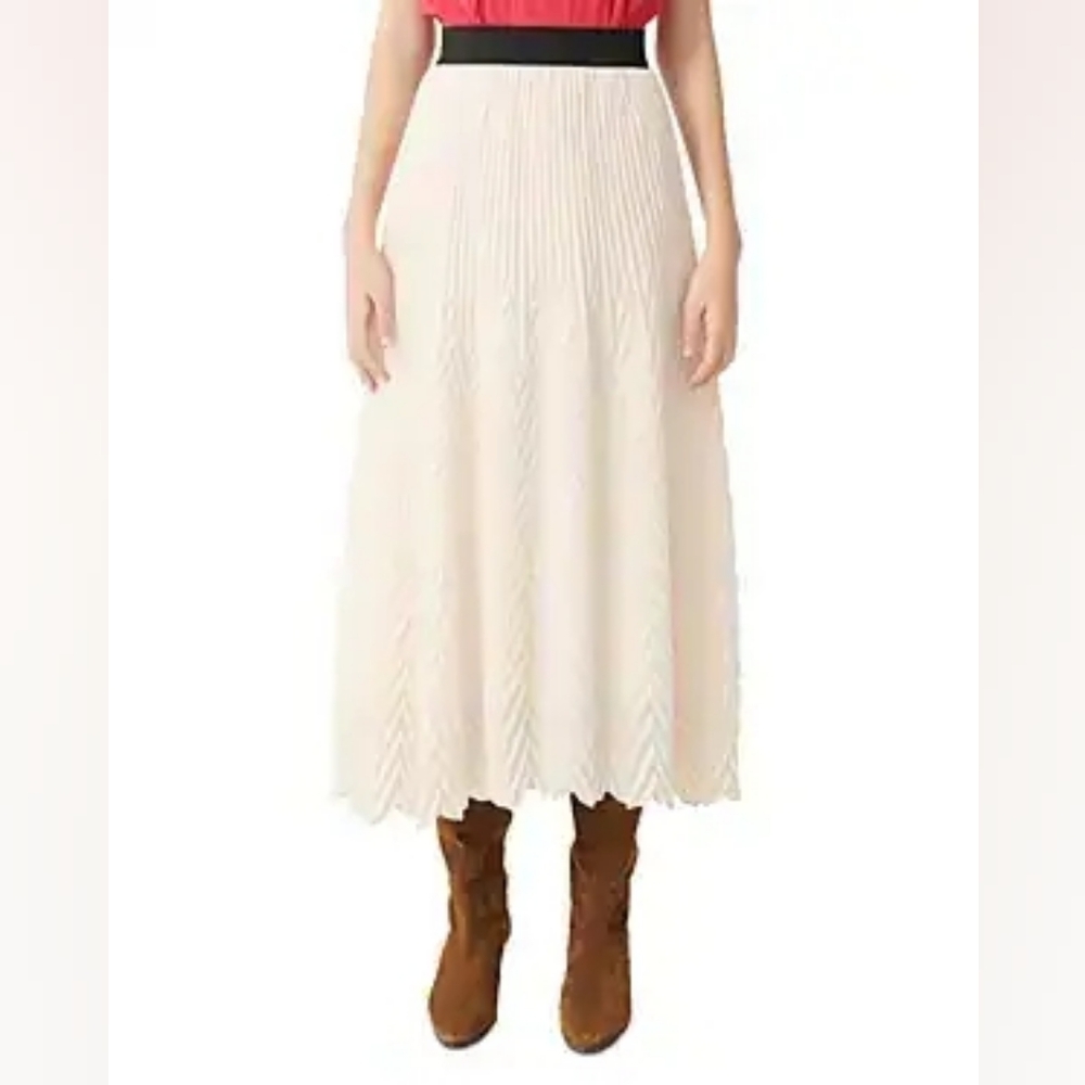 Maje Jissane Elastic Waist Pleated Midi Skirt 42 EU Cream Flowy Boho Chic Pullon